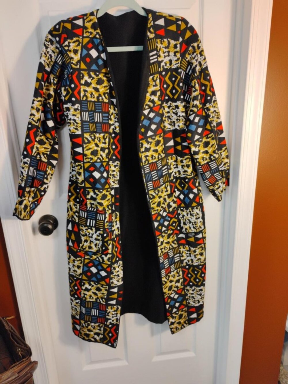 Handmade African Inspired Print Long Duster Coat Fleece Lined Art to Wear